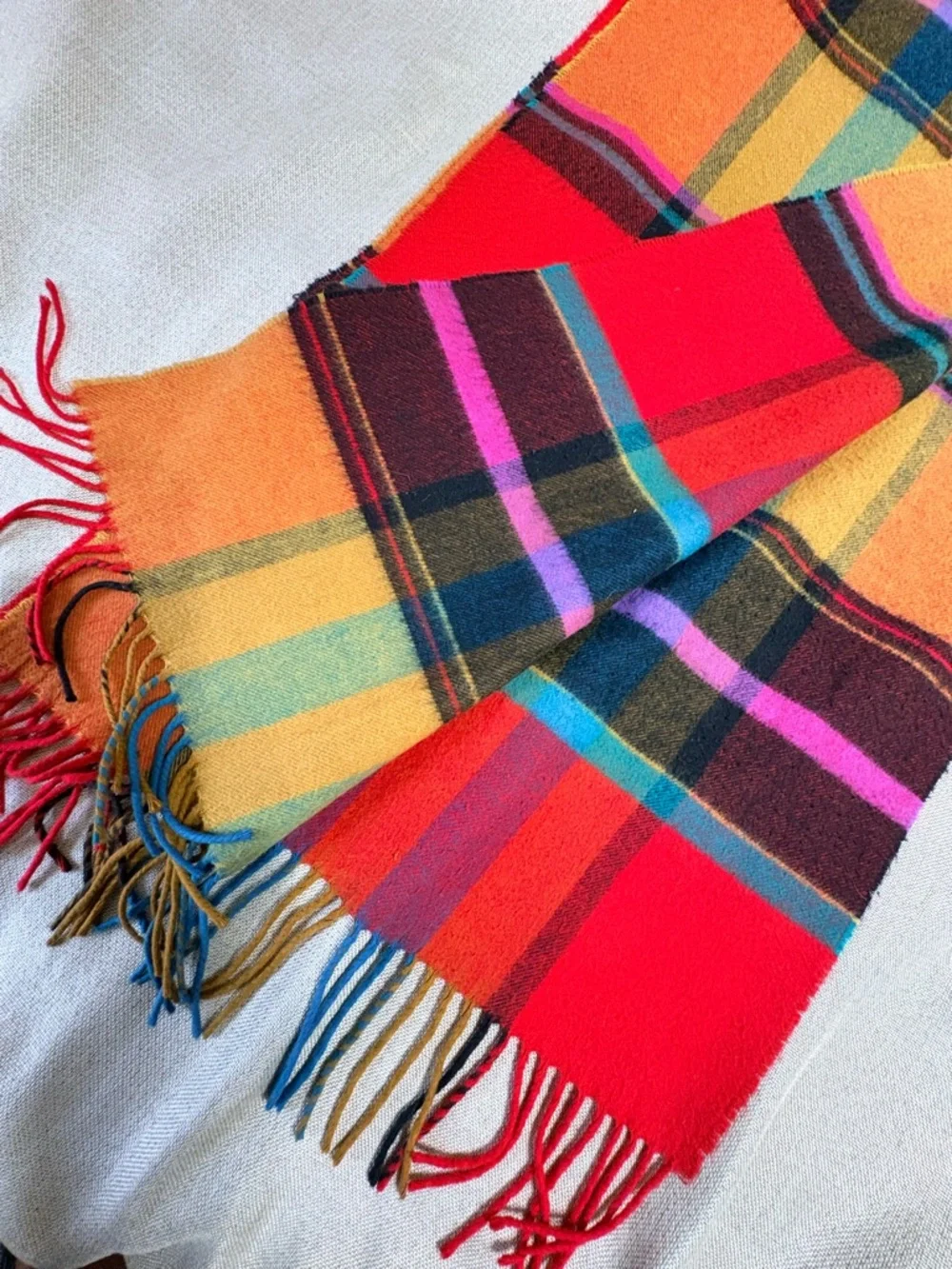 Bright Plaid Fringe Scarf Multicolor Tartan 15”x64”